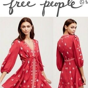 Free People Red Floral Long Sleeve Embroidered Dress